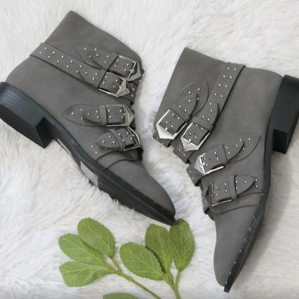Forever 21 | Studded smoky grey Buckle Ankle Boots moto boots - Picture 12 of 13